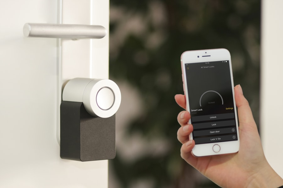 A homeowner locking their smart deadbolt from a phone app